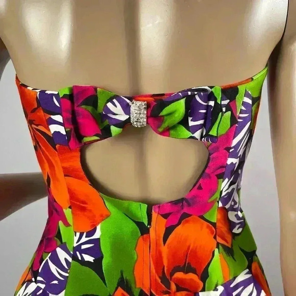 AJ Bari Dress 8 Women Floral Fit Flare Strapless All Over Print Bow Zip Formal - Picture 7 of 10